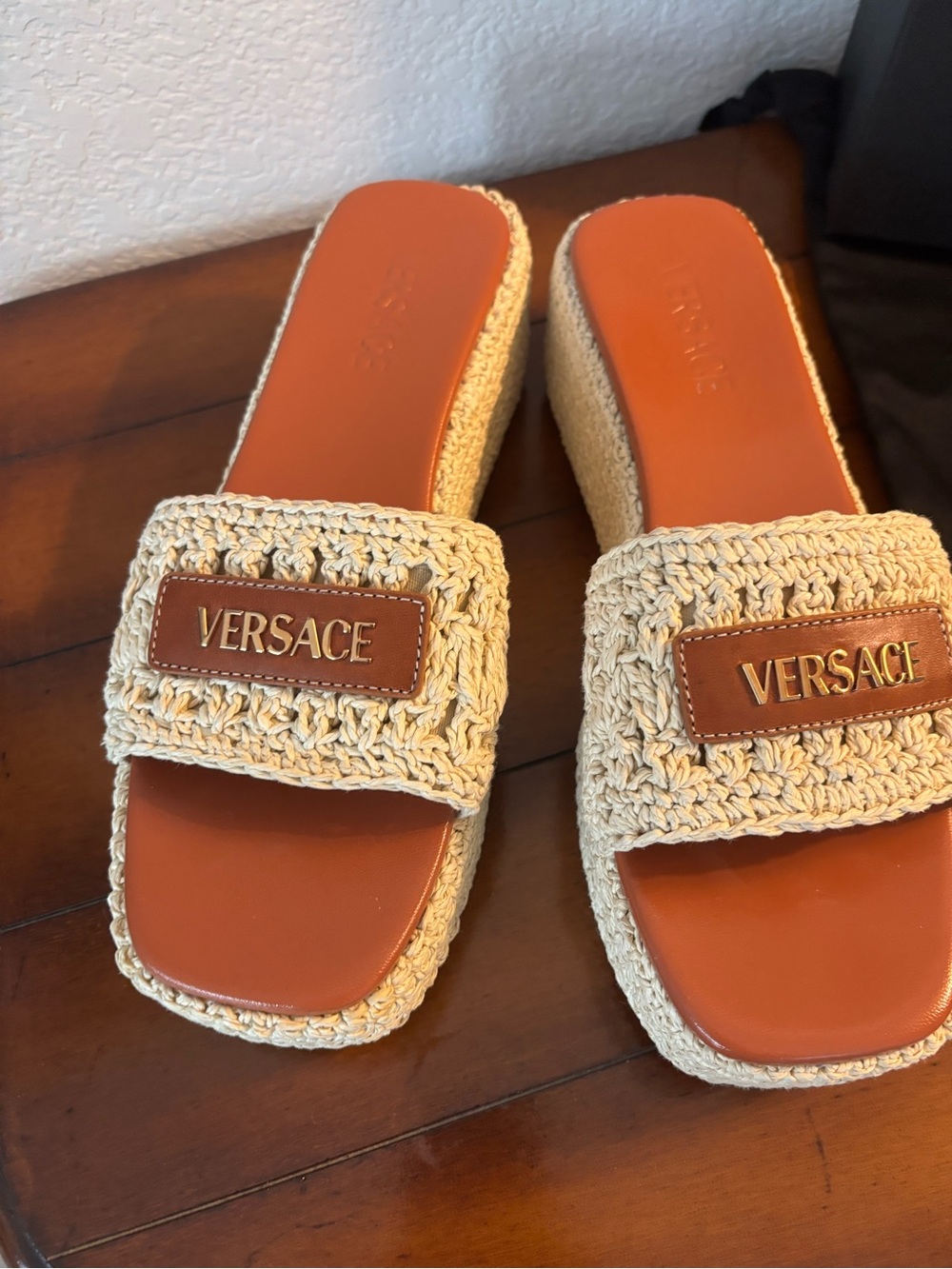 Versace Cream Crochet & Brown Leather Platform Slide Sandals